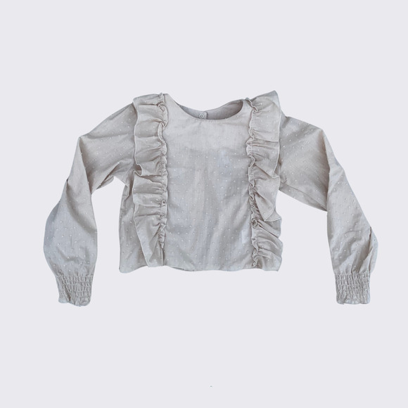 NWT Wren Amber Clothing Sarah Long Sleeve Ruffle Blouse: Tan Swiss Dot: Size 2 - Picture 1 of 7